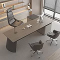 Modern Office Desk with Ergonomic Leather Chairs Notebook Coffee Mug and Wooden Shelf