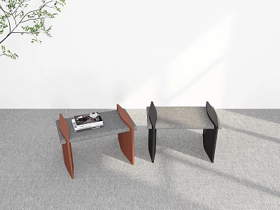 Two Stools With Grey Tops Brown And Black Frames White Wall Grey Floor Green Plant 3d model