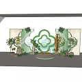 Green And White Decorative Setting With Clover Shaped Decor Golden Chairs Round Platform And Plants 3d model