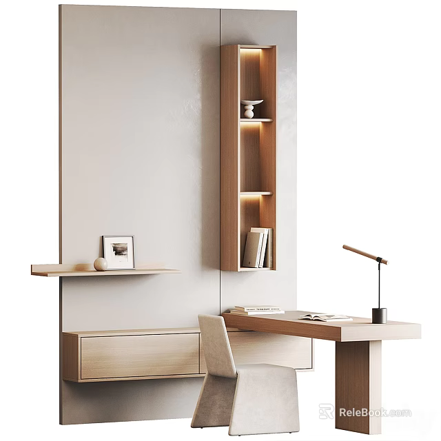 Modern Wooden Desk With Chair Table Lamp Bookshelf And Wall Shelf For Home Office 3d model 