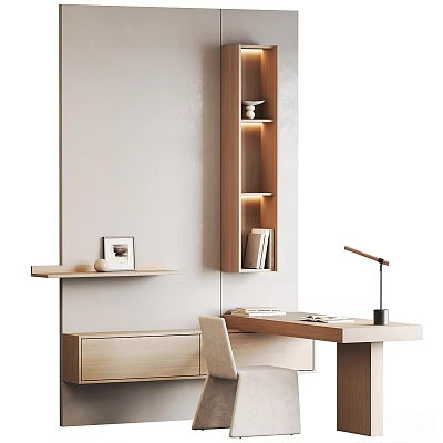 Modern Wooden Desk With Chair Table Lamp Bookshelf And Wall Shelf For Home Office 3d model