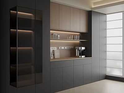 Modern Sideboard Design With Wooden Cabinets Glass Doors And LED Lighting 3d model