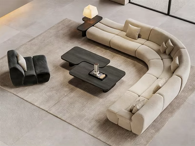 Modern Beige Curved Sofa and Black Coffee Table Set with Armchair Floor Lamp and Rug 3d model