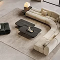 Modern Beige Curved Sofa and Black Coffee Table Set with Armchair Floor Lamp and Rug