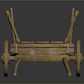 Vintage Wooden Handcart With Two Spoked Wheels And Wooden Frame Handle