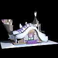 Cartoon Scene Of Fairy Tale House With Spires Decorative Roof And Purple Door