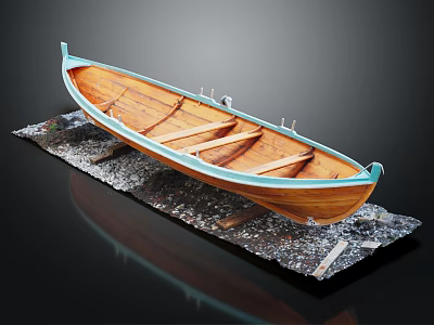 Wooden Boat Display Model With Natural Hull And Blue Trim On Gravel Stand 3d model
