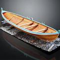 Wooden Boat Display Model With Natural Hull And Blue Trim On Gravel Stand