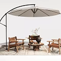 Outdoor Chairs With Wooden Frame Leather Seats Curved Parasol Round Table Decorative Vase And Rug