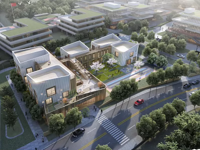 Modern School Buildings with Green Roofs Courtyard Surrounding Trees and Street View 3d model