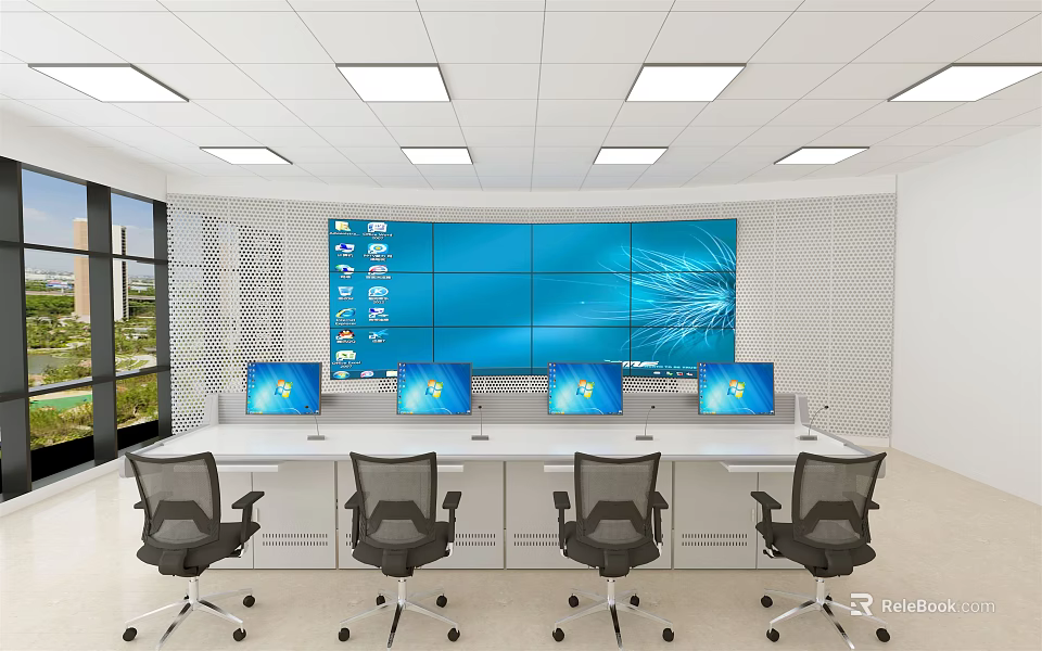 Monitoring Room Interior Featuring Large Screen Multiple Monitors And Office Chairs 3d model 