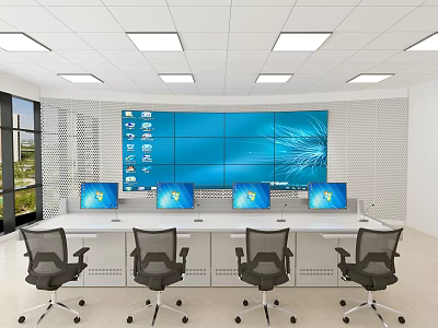 Monitoring Room Interior Featuring Large Screen Multiple Monitors And Office Chairs 3d model