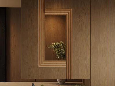 Modern Foyer Hallway With Wooden Walls And Recessed Plant Niche 3d model