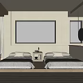 Modern Hotel Guest Room With Twin Beds Nightstand Large Tree Painting And Curtains