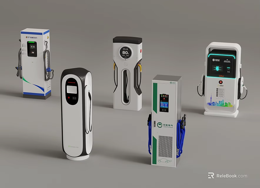 Modern Electric Vehicle Chargers With Various Designs And Digital Screens 3d model 