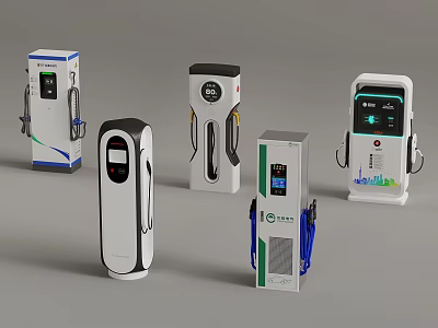 Modern Electric Vehicle Chargers With Various Designs And Digital Screens 3d model