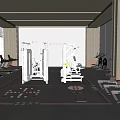 Modern Spacious Gym With Treadmills Multi functional Fitness Equipment Wooden Walls And Floor Markings