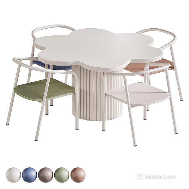Flower Shaped White Dining Table Set With Colorful Padded Chairs And White Frames 3d model