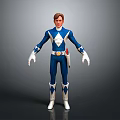 Man Wearing Blue and White Tight Suit With Red Belt White Gloves Diamond Boots