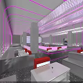 Purple Indoor Space With Circular Starry Sky Ceiling Curved Walls Shiny Black Floor And Sculpture