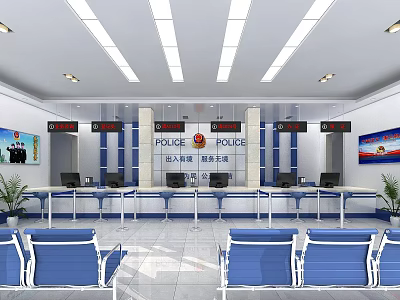 Police Service Hall Interior With Service Counters Blue Chairs Display Screens And Pillars 3d model