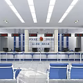 Police Service Hall Interior With Service Counters Blue Chairs Display Screens And Pillars