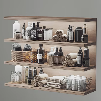 Organized Bathroom Shelves With Towel Rolls Bottles And Accessories 3d model