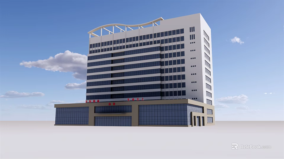 Modern Commercial Building with Multi Storey Large Glass Windows Unique Roof Design Against Blue Sky 3d model 