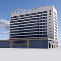 Modern Commercial Building with Multi Storey Large Glass Windows Unique Roof Design Against Blue Sky