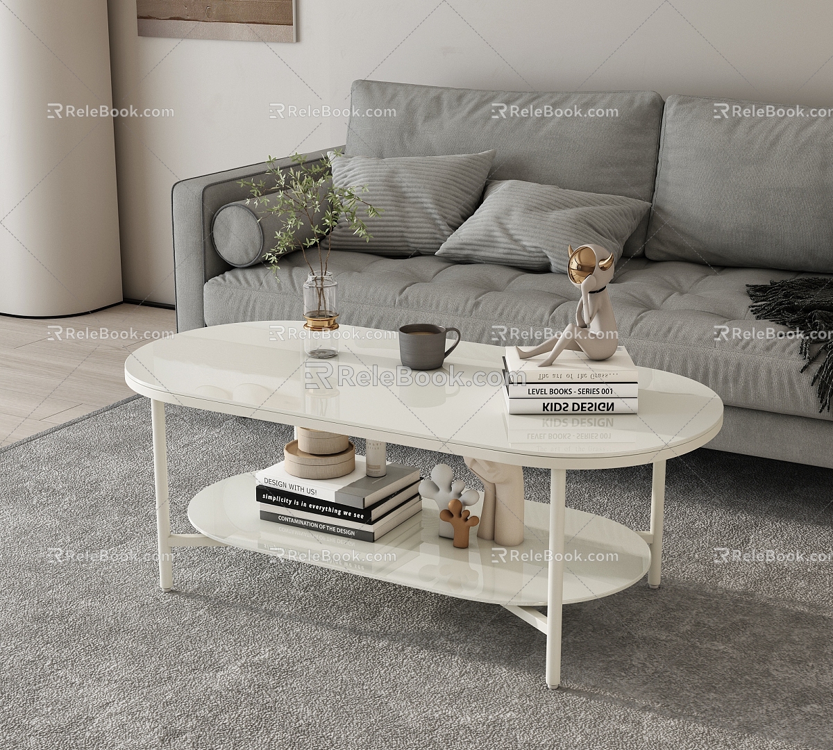 Oval Coffee Table Double Layer Coffee Table Beige Glass Coffee Table Cream Style Coffee Table 3d model