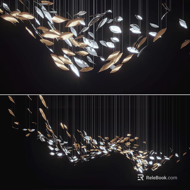 Modern Leaf Shaped Chandelier Design With Metallic Finish And Hanging Lights For Contemporary Interior Decor 3d model 