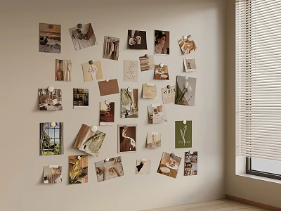 Creative Interior Collage Wall With Various Photos Cards And Decorative Prints 3d model
