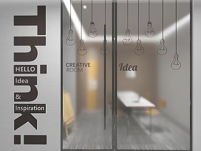 Creative Room Interior With Hanging Bulbs Glass Partition And Table Chairs 3d model