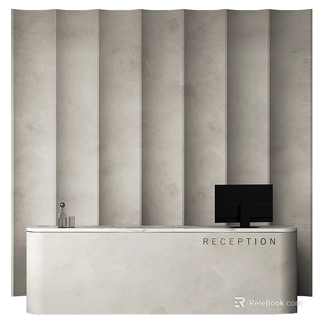 Minimalist Gray Striped Reception Background Wall With White Desk And Black Monitor 3d model 