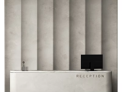 Minimalist Gray Striped Reception Background Wall With White Desk And Black Monitor 3d model