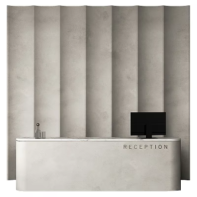 Minimalist Gray Striped Reception Background Wall With White Desk And Black Monitor 3d model