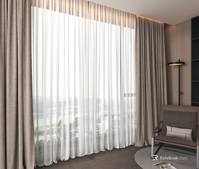 Modern Interior Featuring Layered Gray And White Sheer Thick Curtains By Window 3d model