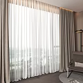 Modern Interior Featuring Layered Gray And White Sheer Thick Curtains By Window 3d model