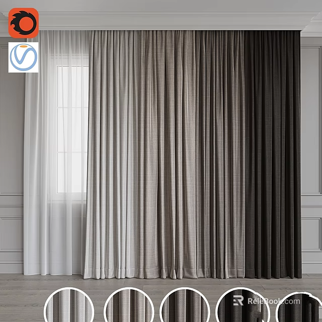 Modern Textured Curtains in White Gray Dark Brown with Window Wall 3d model 