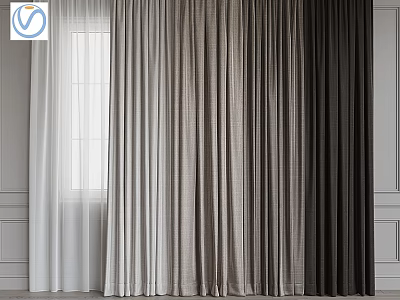 Modern Textured Curtains in White Gray Dark Brown with Window Wall 3d model