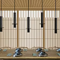 Modern Japanese Restaurant Interior With Wooden Tables Chairs Hanging Lights And Shoji Screens