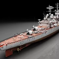 Realistic Warship Model With Gray Hull Red Deck Turrets And Antennas