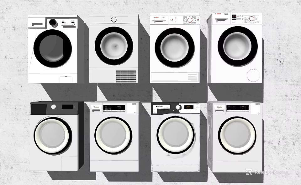 Different Modern Front Load Washing Machines With Various Control Panel Designs 3d model