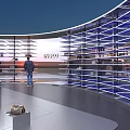 Modern Exhibition Space With Curved Glass Walls And Display Stands Featuring Visitors