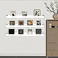 Modern Shoe Cabinet with Wooden Body and Woven Doors Near Decorative Bookshelf and Wall Art