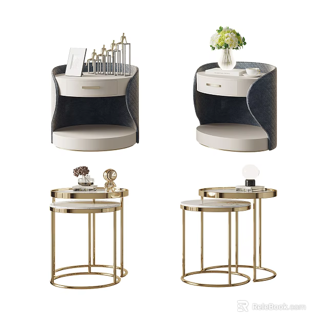 Modern Luxurious Bedside Tables With Gold Metal Frame Round Top And Drawer Detail 3d model 