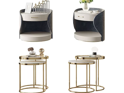 Modern Luxurious Bedside Tables With Gold Metal Frame Round Top And Drawer Detail 3d model