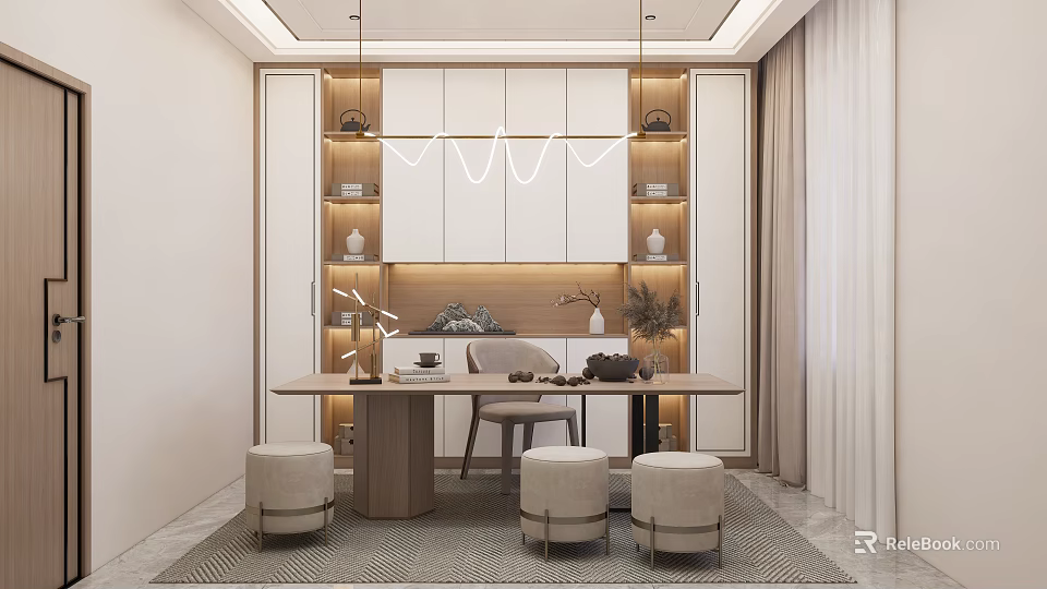 Modern Study Room Interior With Wooden Desk Shelves White Cabinets And Hanging Lighting Fixture 3d model 