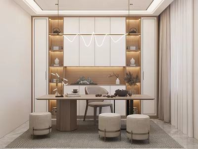 Modern Study Room Interior With Wooden Desk Shelves White Cabinets And Hanging Lighting Fixture 3d model