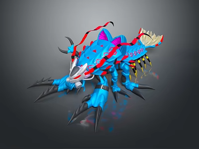 Blue Fantasy Creature With Red Streamers Horns Sharp Claws Pink And Yellow Accents 3d model